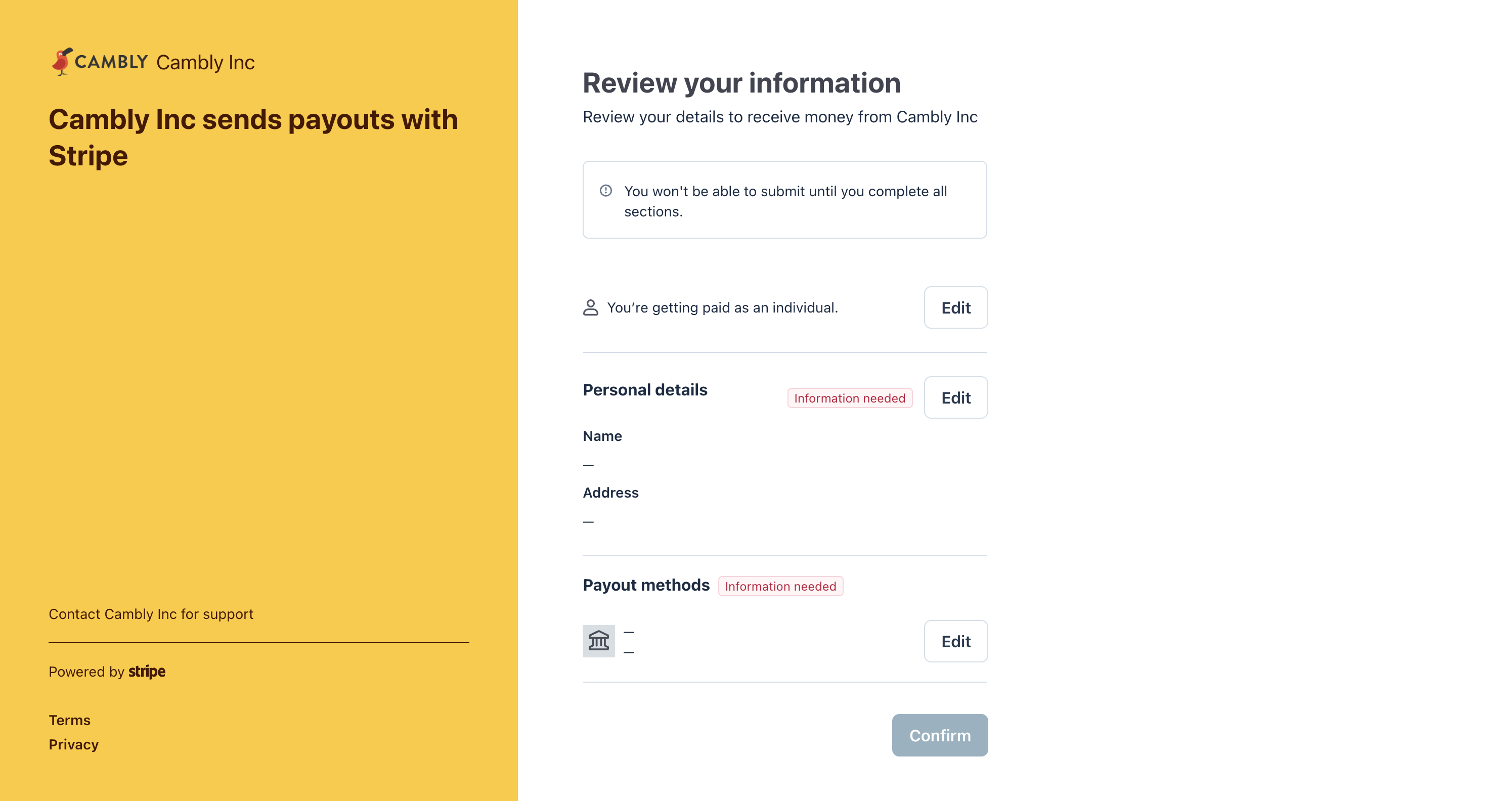 Stripe Global Payouts details screen