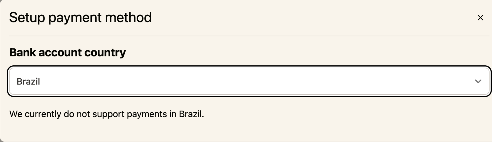 Error message shown when Stripe is not supported in the selected banking country
